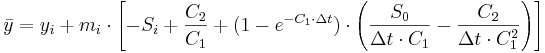 \bar{y} = y_i + m_i \cdot \left [ -S_i + \frac{C_2}{C_1} + (1-e^{-C_1 \cdot \Delta t}) \cdot \left ( \frac{S_0}{\Delta t \cdot C_1} - \frac{C_2}{\Delta t \cdot C_1^2} \right ) \right ]