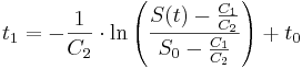 t_1 = -\frac{1}{C_2} \cdot \ln \left ( \frac{S(t)-\frac{C_1}{C_2}}{S_0-\frac{C_1}{C_2}} \right ) + t_0
