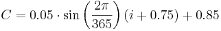 C = 0.05 \cdot \sin\left(\frac{2 \pi}{365}\right) (i + 0.75 ) + 0.85